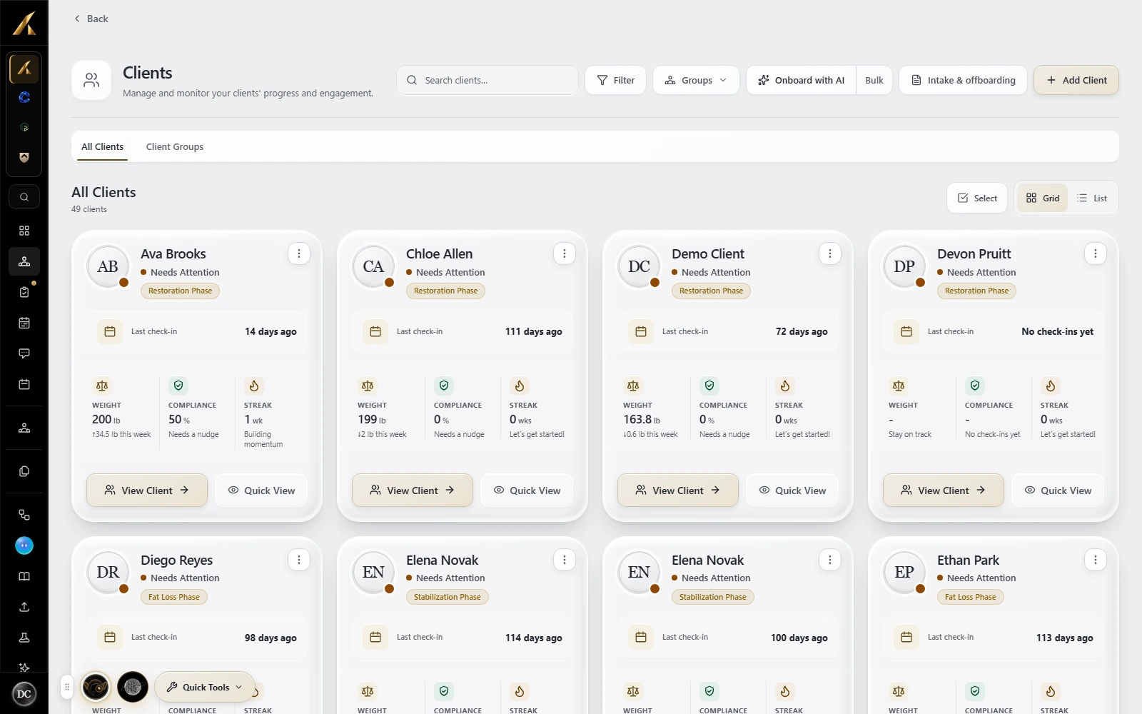 LaunchSite OS client roster with client status, phase, latest check-in, weight, compliance and streaks