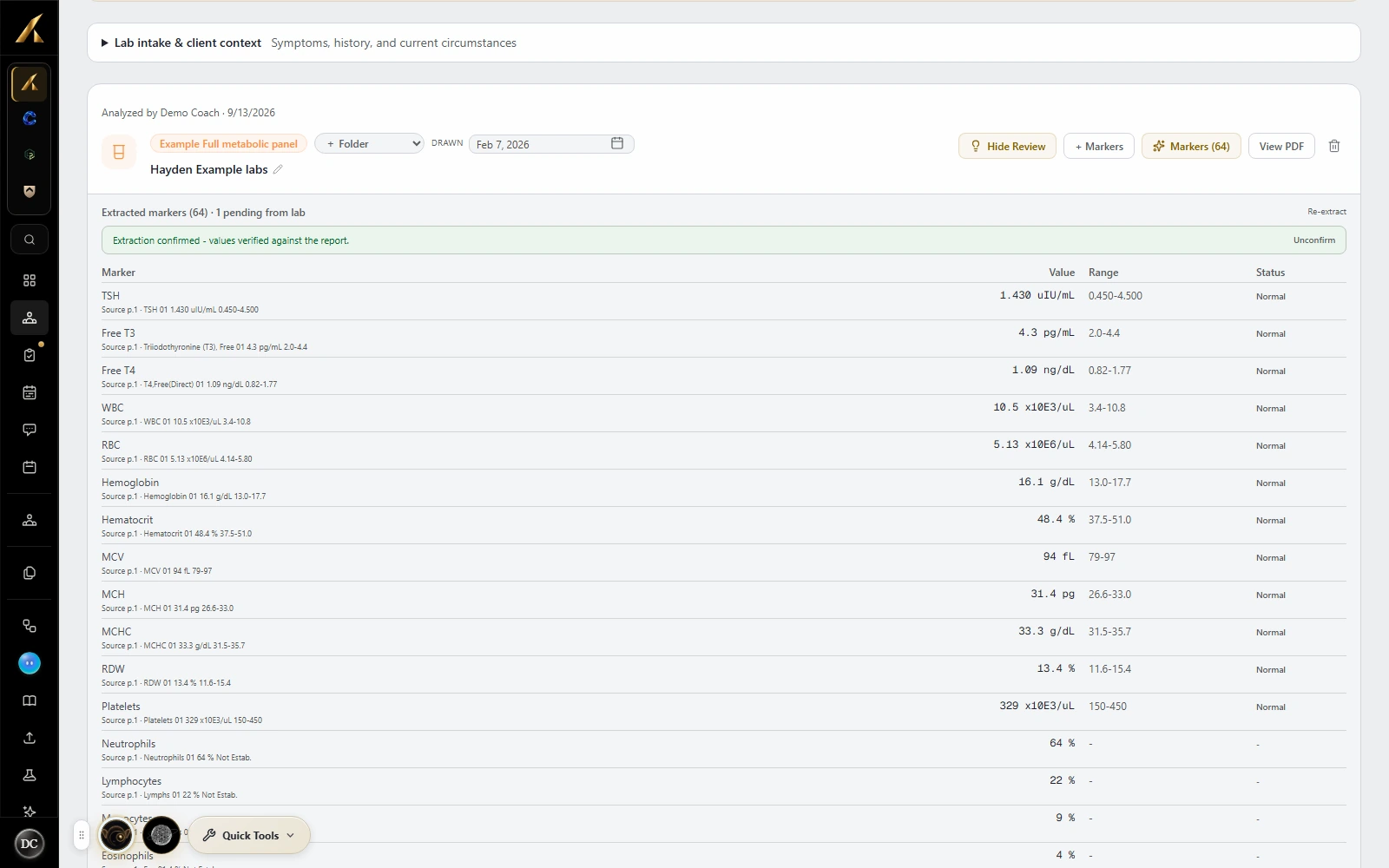 LaunchSite OS lab record with confirmed extracted markers, report values, units and reference ranges