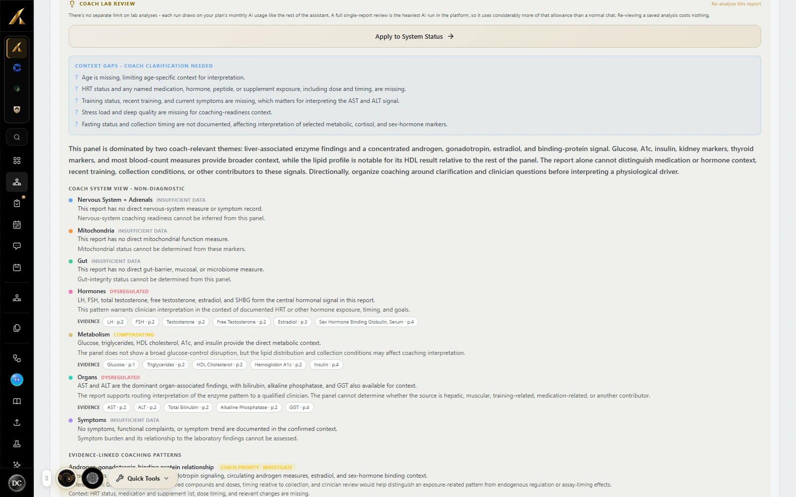 LaunchSite OS coach lab review with a report summary, supporting evidence and missing client context