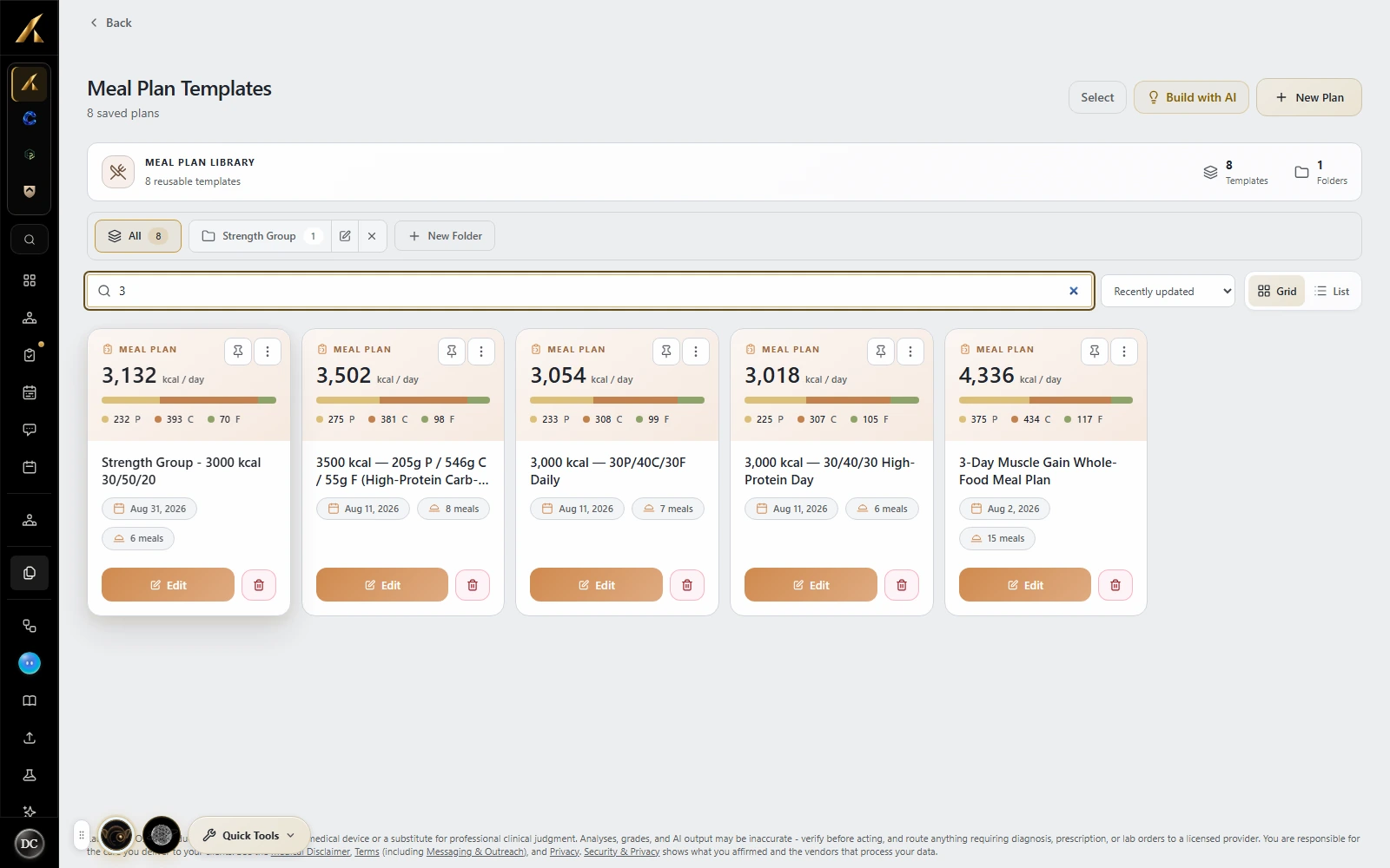 LaunchSite OS meal plan library with search, folders, saved plans and calorie and macro totals